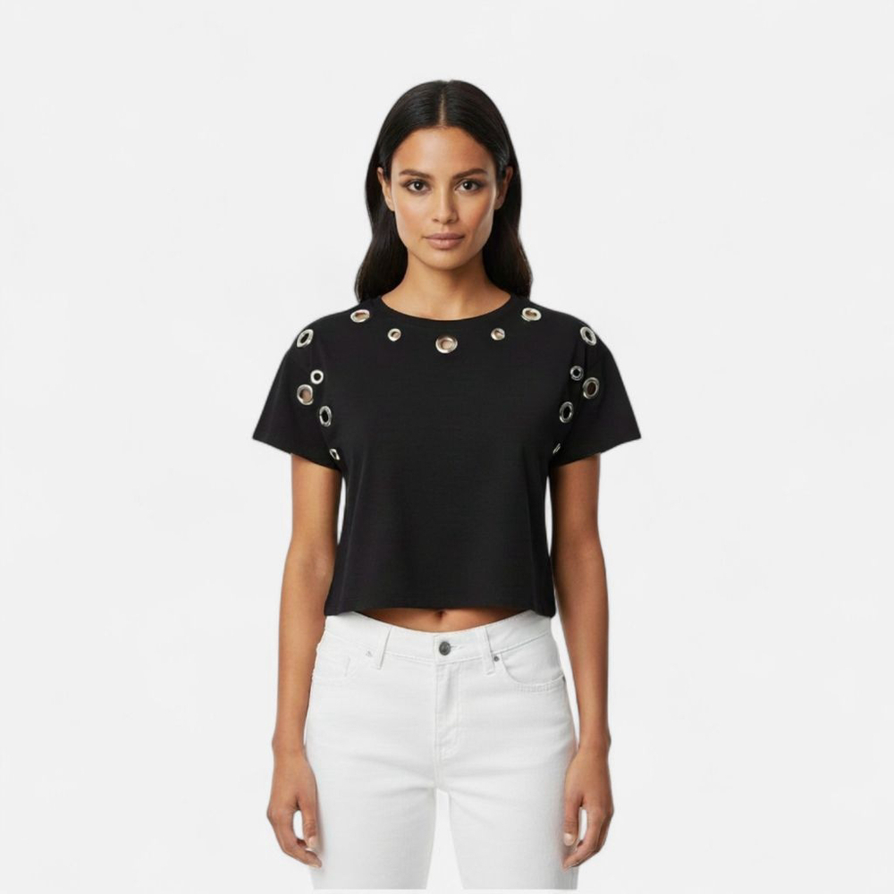 Good American Peepin' Grommet Cotton-Blend Cropped Tee - Small - Picture 1 of 9